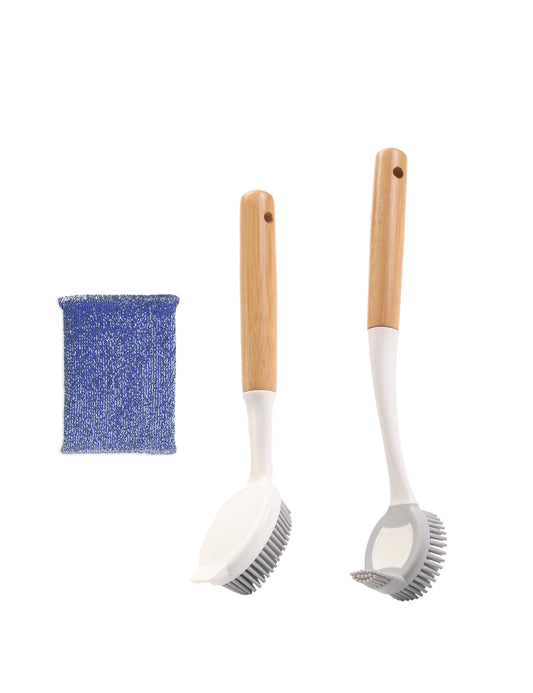 TPR Silicon Dish Cleaning Brush with Bamboo Handle Dish Scrubber, Scrub Brush for Pans, Pots, Dishwashing and Cleaning Brushes (Pan Brush and Double Head Pan Brush)