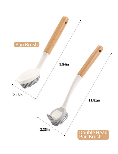 TPR Silicon Dish Cleaning Brush with Bamboo Handle Dish Scrubber, Scrub Brush for Pans, Pots, Dishwashing and Cleaning Brushes (Pan Brush and Double Head Pan Brush)