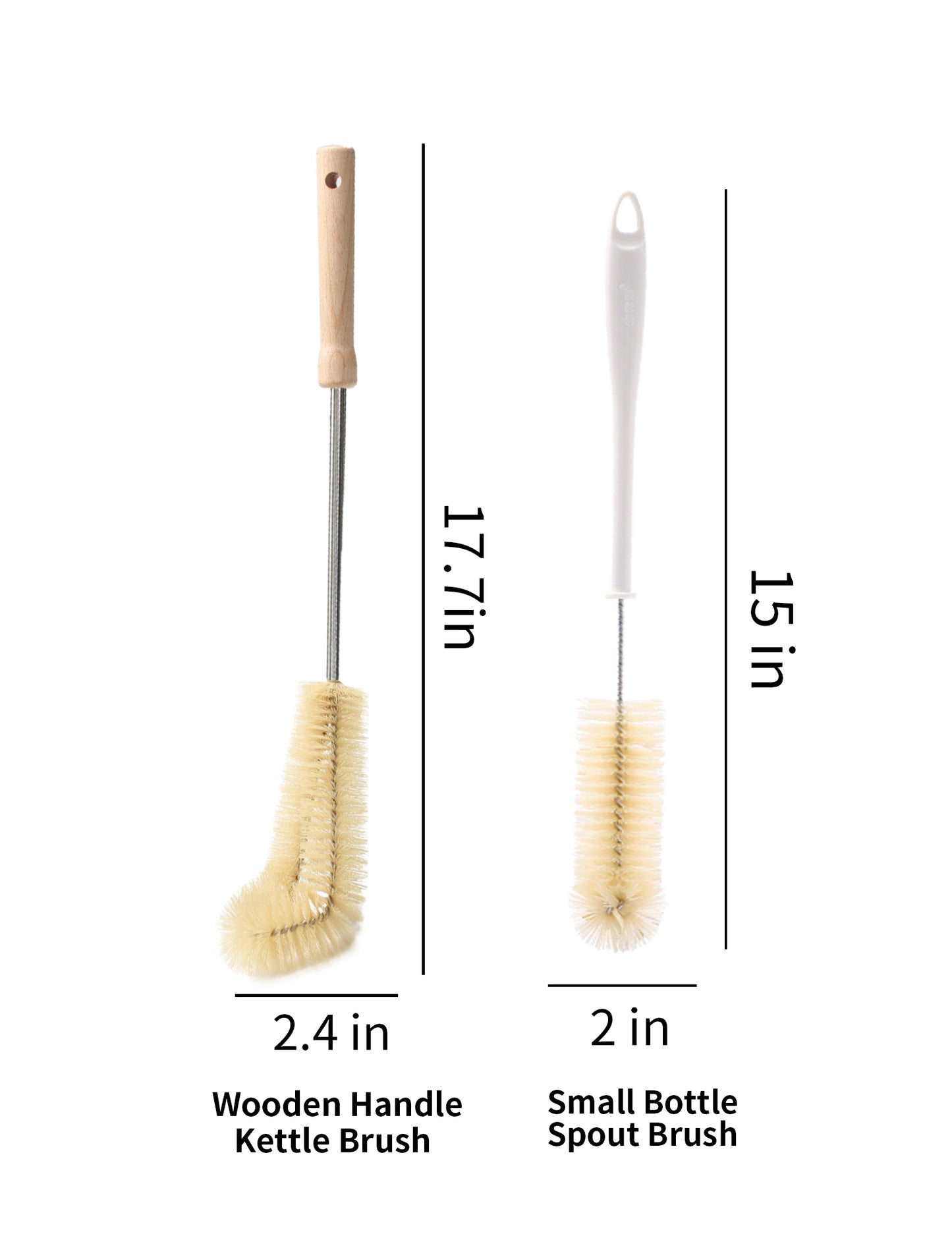 Natural Pig Bristle Bottle Brush Cleaner Set Long Handle Bottle Cleaning Kitchen Scrub for Water Bottle, Wine Decanter, Cup, Jug, Teapot, Baby Bottle, Pot, Straw (Spout Brush & Kettle Brush)