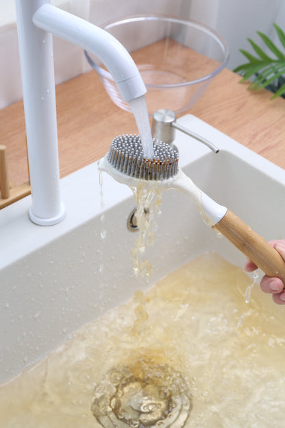 TPR Silicon Dish Cleaning Brush with Bamboo Handle Dish Scrubber, Scrub Brush for Pans, Pots, Dishwashing and Cleaning Brushes (Pan Brush and Double Head Pan Brush)