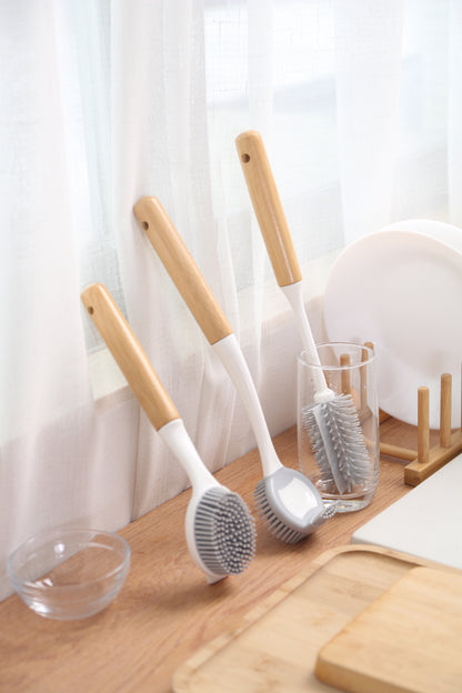 TPR Silicon Dish Cleaning Brush with Bamboo Handle Dish Scrubber, Scrub Brush for Pans, Pots, Dishwashing and Cleaning Brushes (Pan Brush and Double Head Pan Brush)