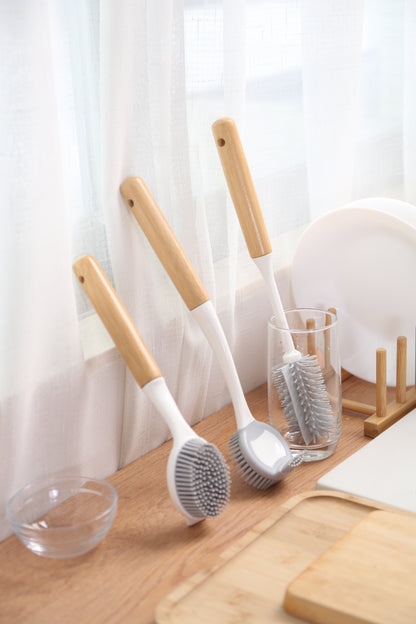 TPR Silicon Dish Cleaning Brush with Bamboo Handle Dish Scrubber, Scrub Brush for Pans, Pots, Dishwashing and Cleaning Brushes (Pan Brush, Double Head Pan Brush and Cup Brush)