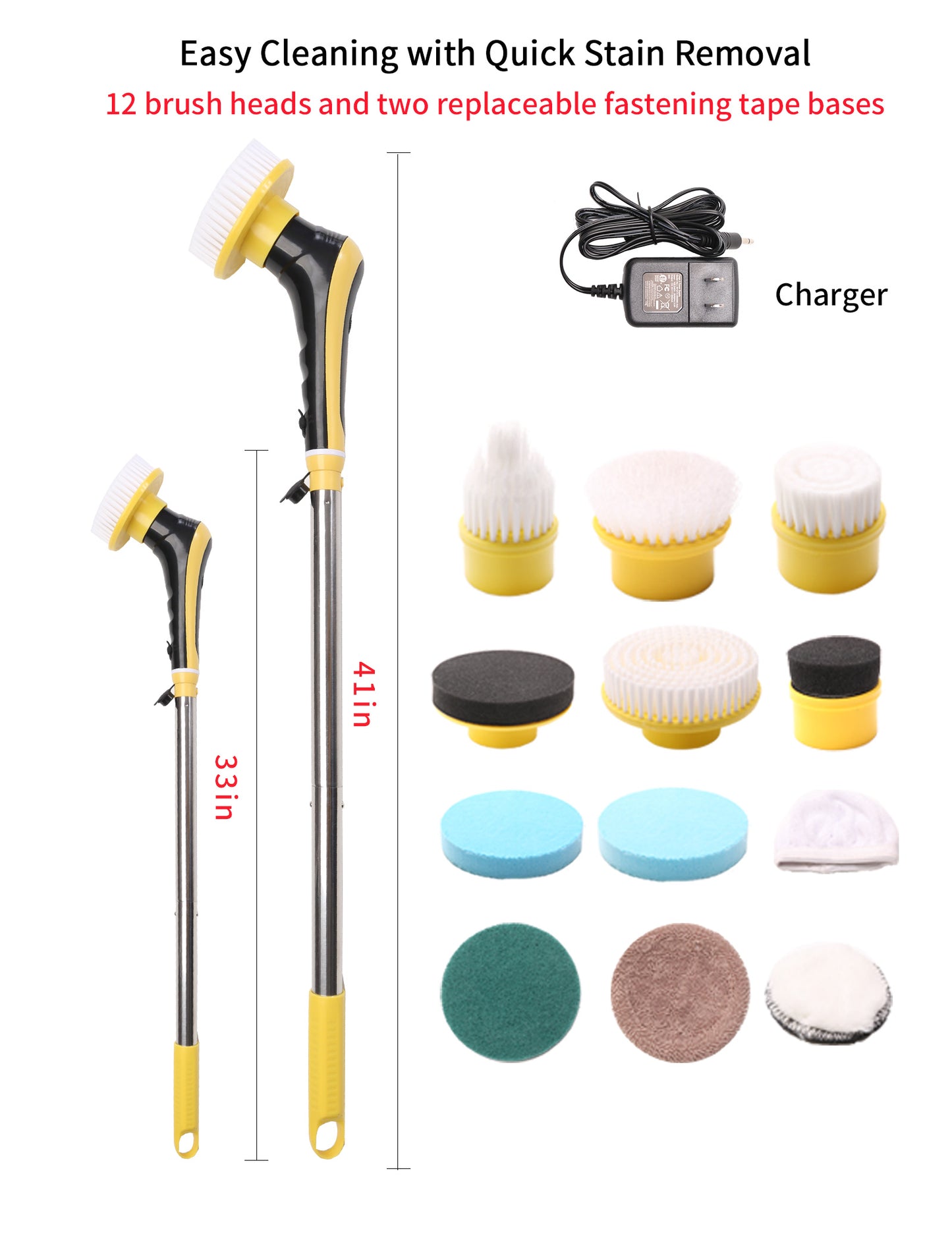 Electric Spin Scrubber Cordless Power Shower Cleaning Brush with 16 Replaceable Brush Heads and Adjustable Extension Handle for Kitchen, Bathroom, Shower, Tub, Tile, Floor, Car (16 Brush Heads)