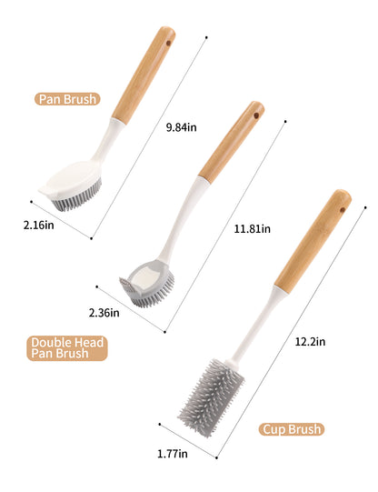 TPR Silicon Dish Cleaning Brush with Bamboo Handle Dish Scrubber, Scrub Brush for Pans, Pots, Dishwashing and Cleaning Brushes (Pan Brush, Double Head Pan Brush and Cup Brush)