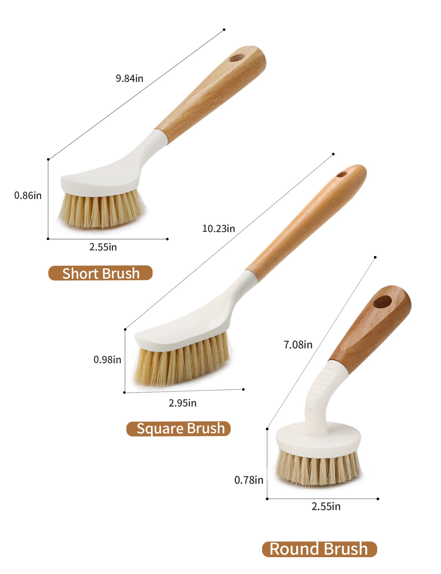 Sisal Dish Cleaning Brush with Bamboo Handle Dish Scrubber, Scrub Brush for Pans, Pots, Dishwashing and Cleaning Brushes (Square Brush, Round Brush and Short Brush)